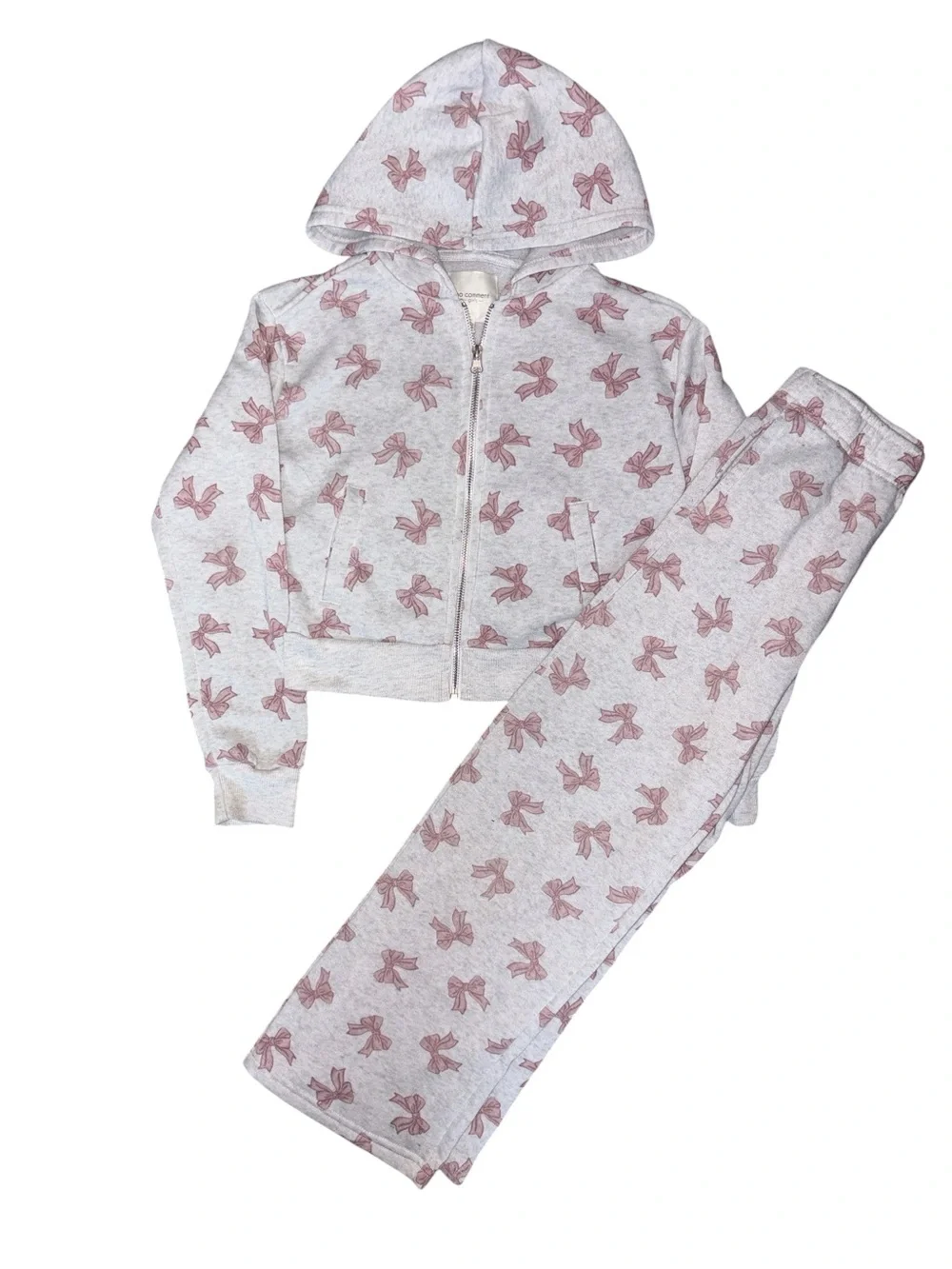 No Comment Girls Gray Hoodie & Jogger Set with Pink Bow Print